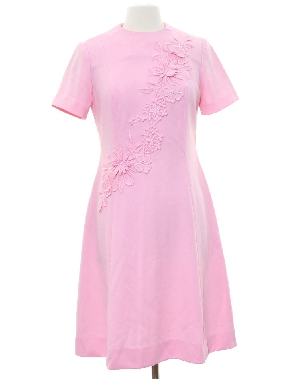 Vintage 70s Henry-Lee Pink Floral Appliqué A-Line Midi Dress Women's Small
